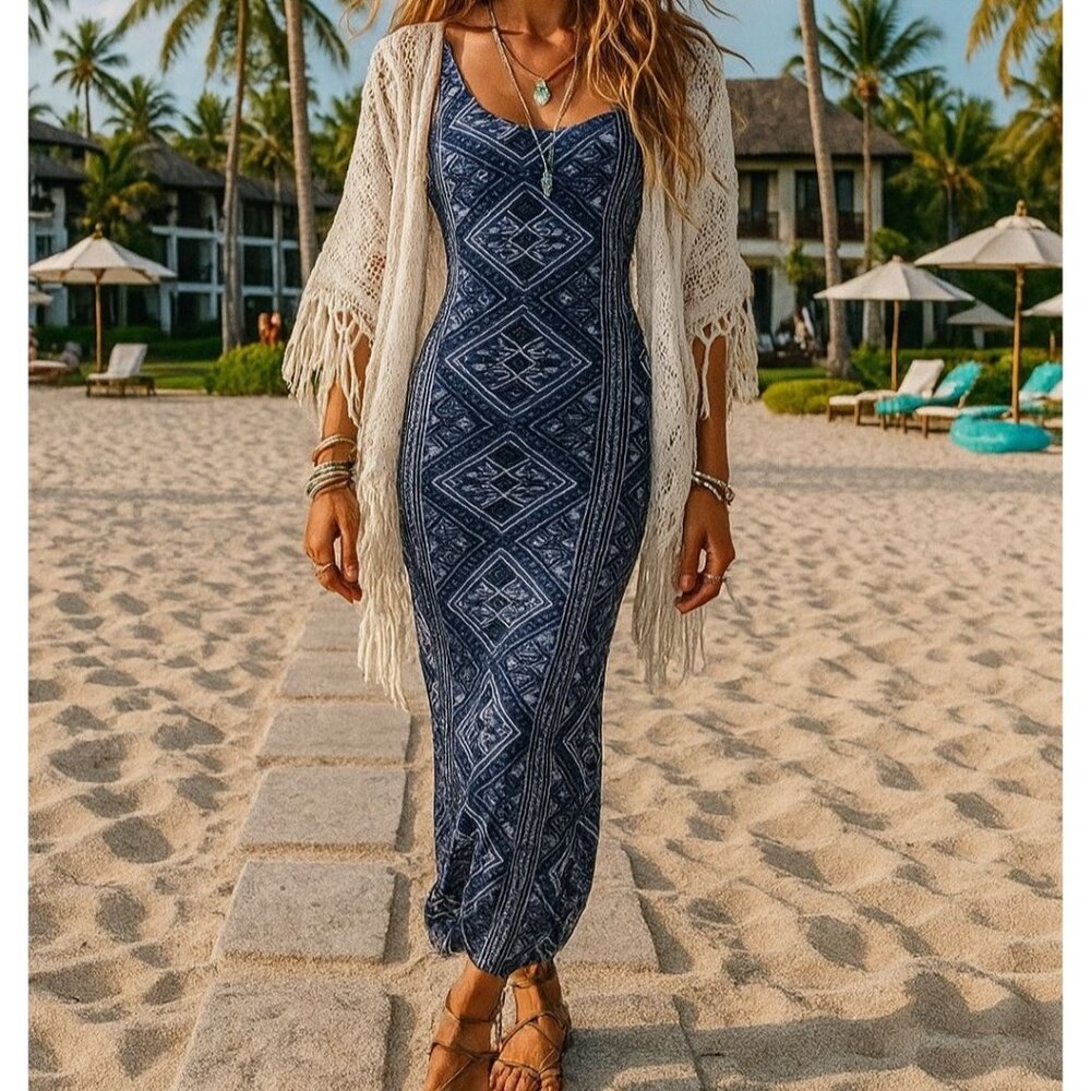 Volcom XS Lottie Dah Geometric Boho Fitted Stretch Bodycon Midi Sleeveless